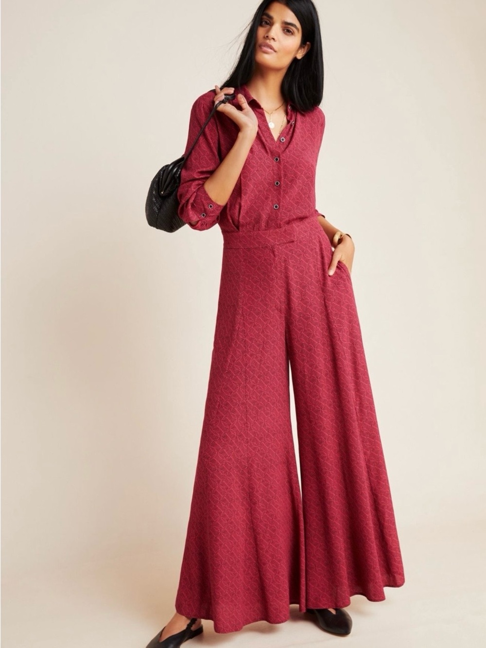 Anthropologie Loveland Wide-Leg Jumpsuit Wine Red Burgundy Long Sleeve 4